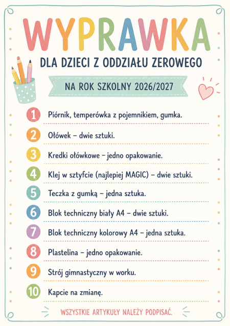 WYPRAWKA DLA DZIECI Z ODDZIAŁU PRZEDSZKOLNEGO 2026/2027